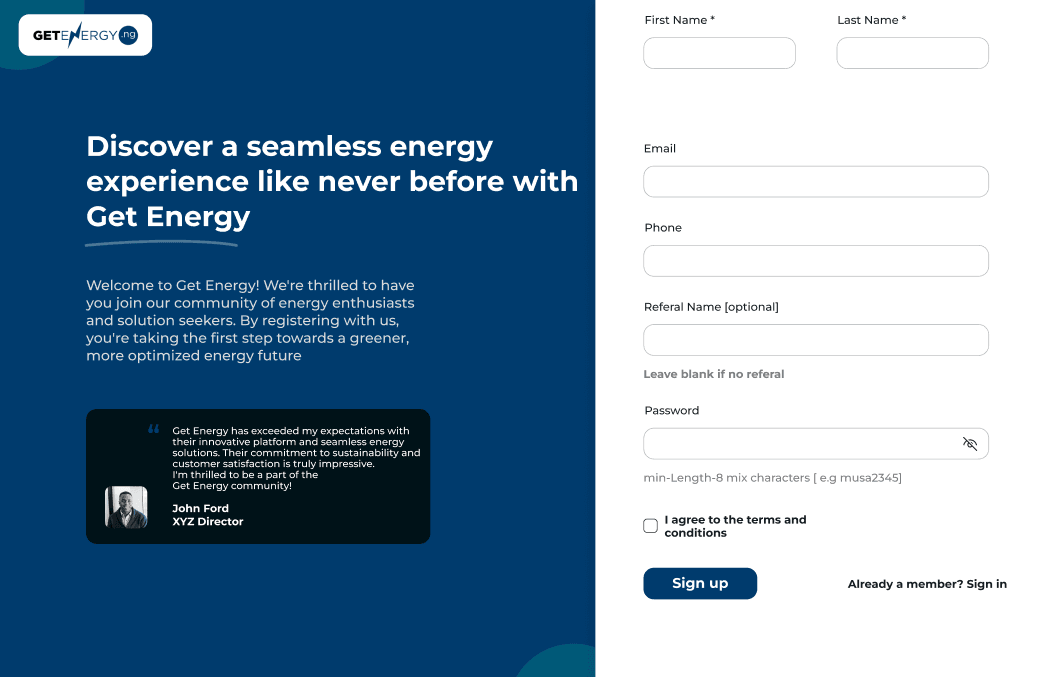 get energy register page screenshot