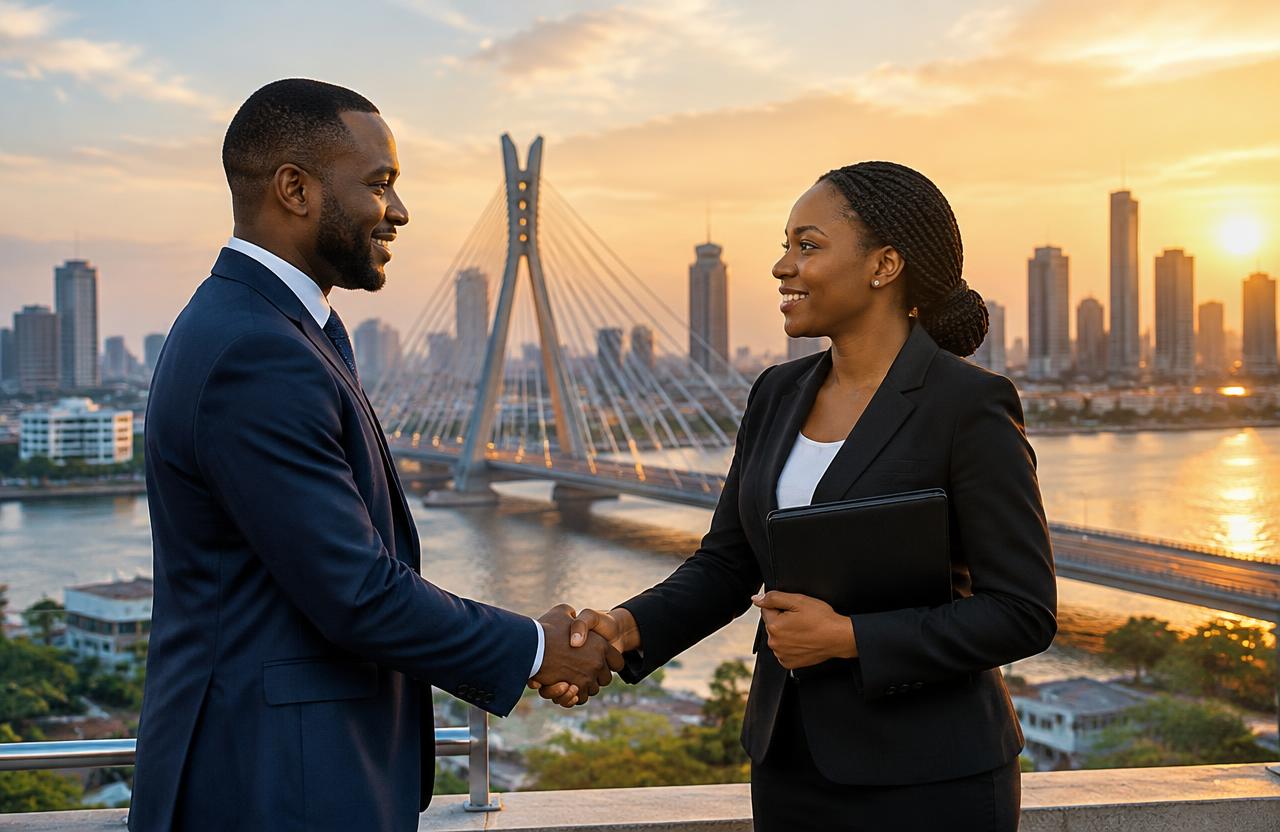 Two professionals shaking hands by the Lagos bridge
